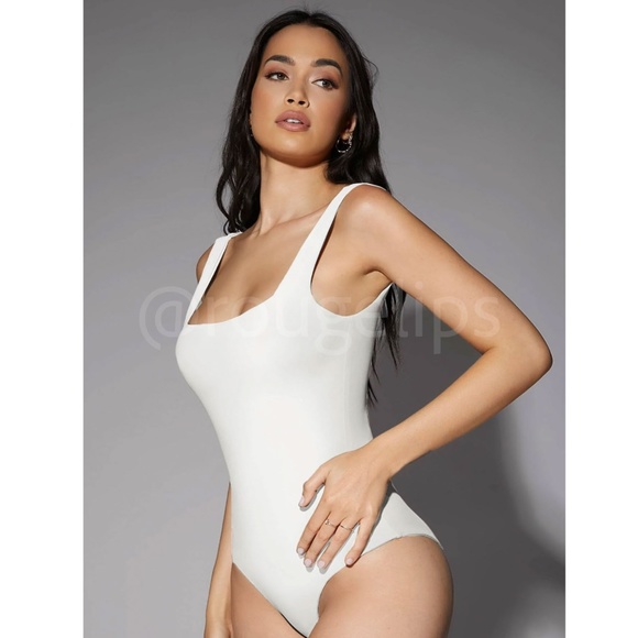 White Bodysuit Square Neck Slim Fit Stretchy - Picture 1 of 9